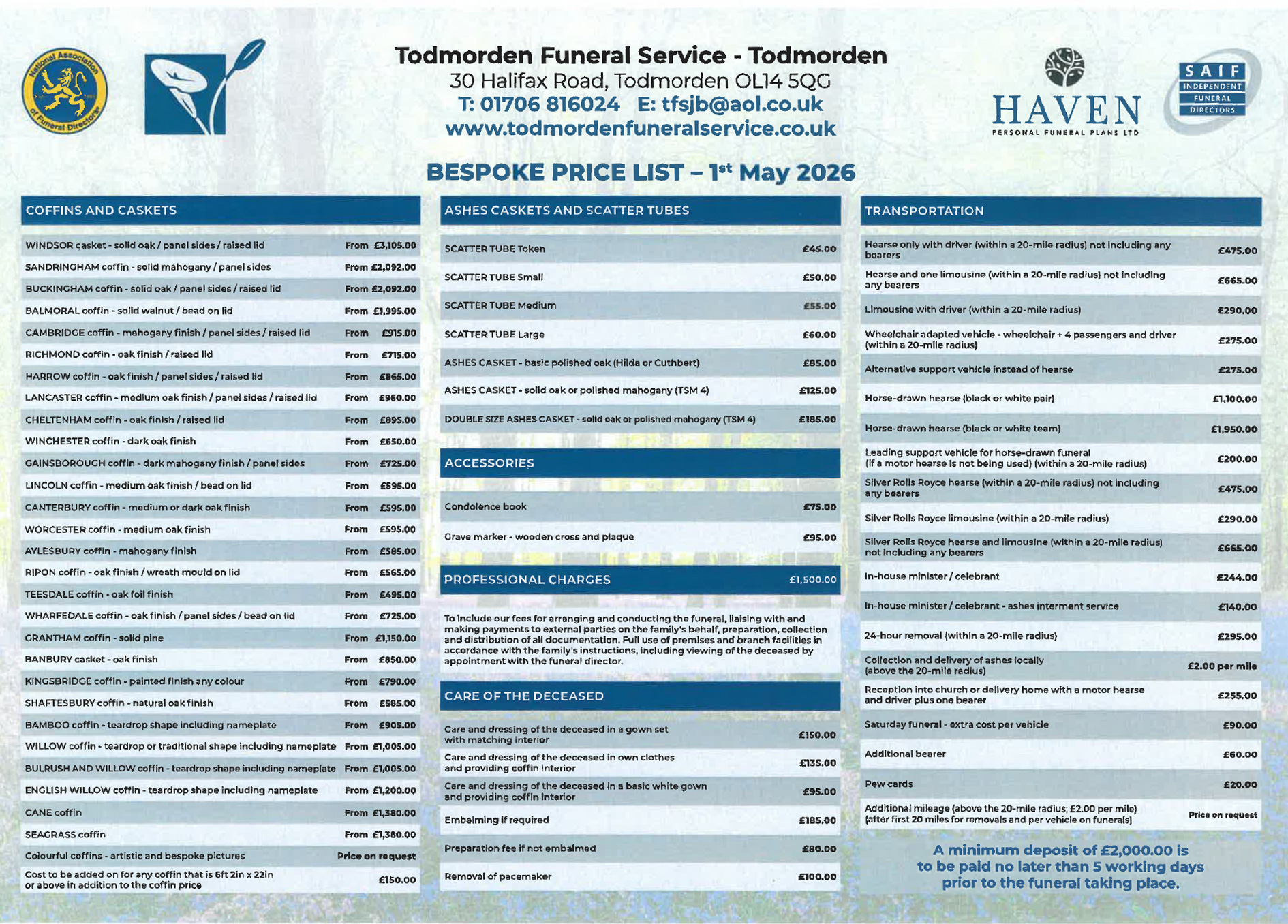 TFS Bespoke Price list